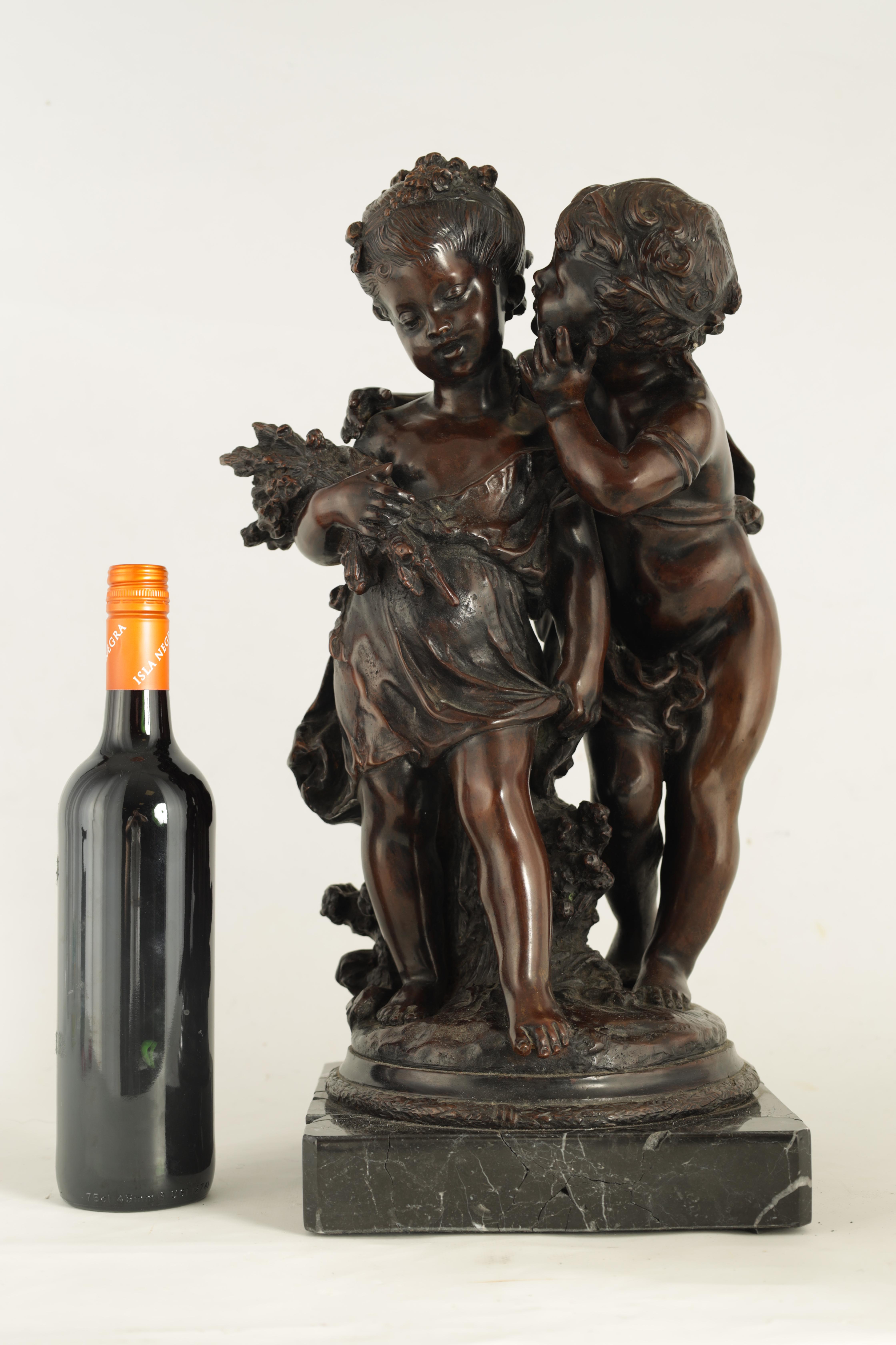 A 19TH CENTURY STYLE FRENCH BRONZE FIGURE GROUP depicting a young male and female -signed R.MOREAV - - Image 9 of 9