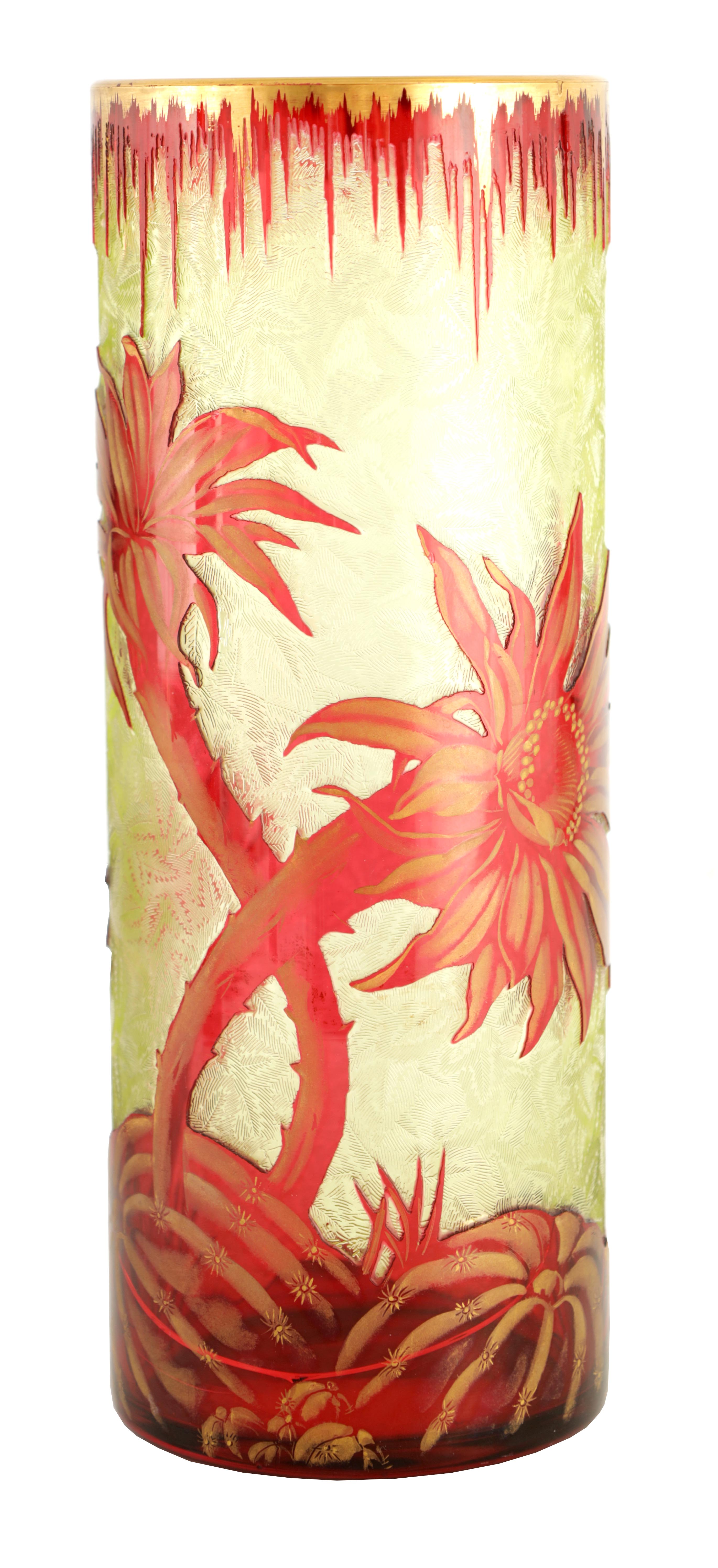 A STYLISH 20TH CENTURY BACCARAT GLASS ETCHED CYLINDRICAL VASE with acid-etched decoration