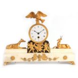 A FINE REGENCY ENGLISH BRONZE, ORMOLU AND WHITE MARBLE FUSEE MANTEL CLOCK the case surmounted by