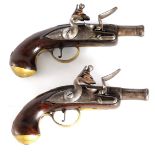 T. JONES. A PAIR OF EARLY 18TH CENTURY FLINTLOCK POCKET PISTOLS with turn-off cannon barrel,