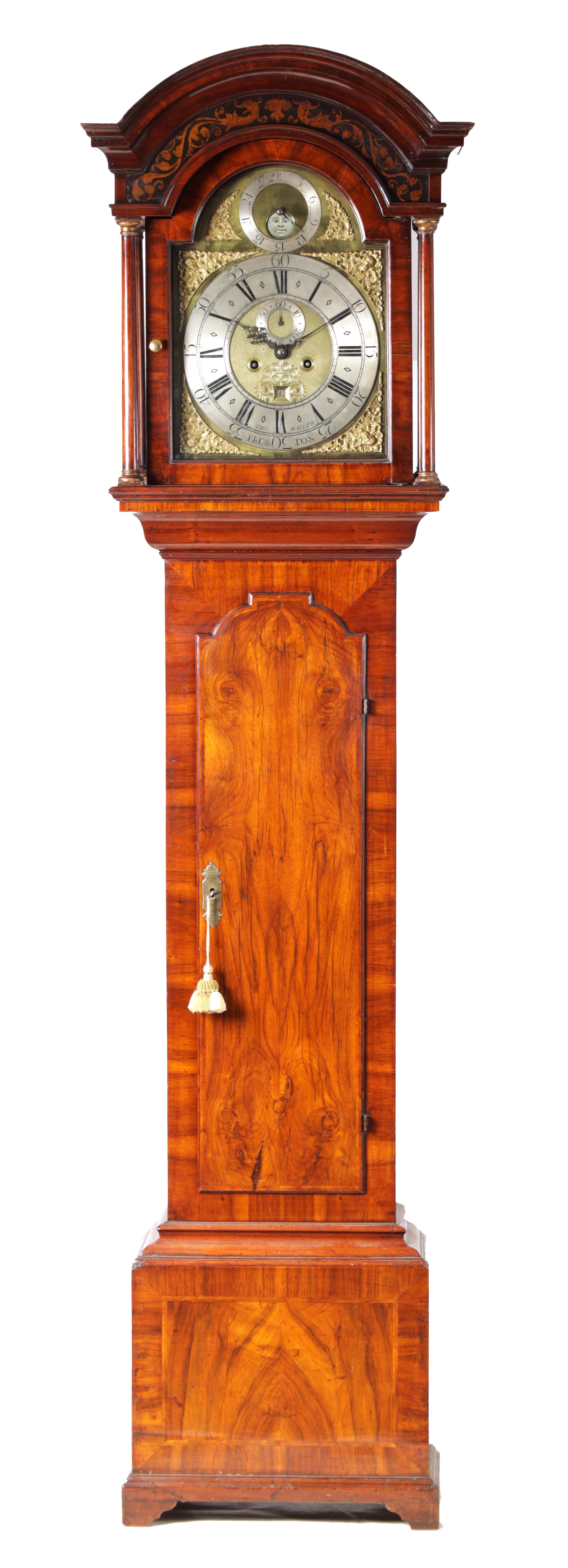 THOMAS WALLER, PRESTON A GEORGE II BURR WALNUT 'PENNY MOON' LONGCASE CLOCK with moulded arched