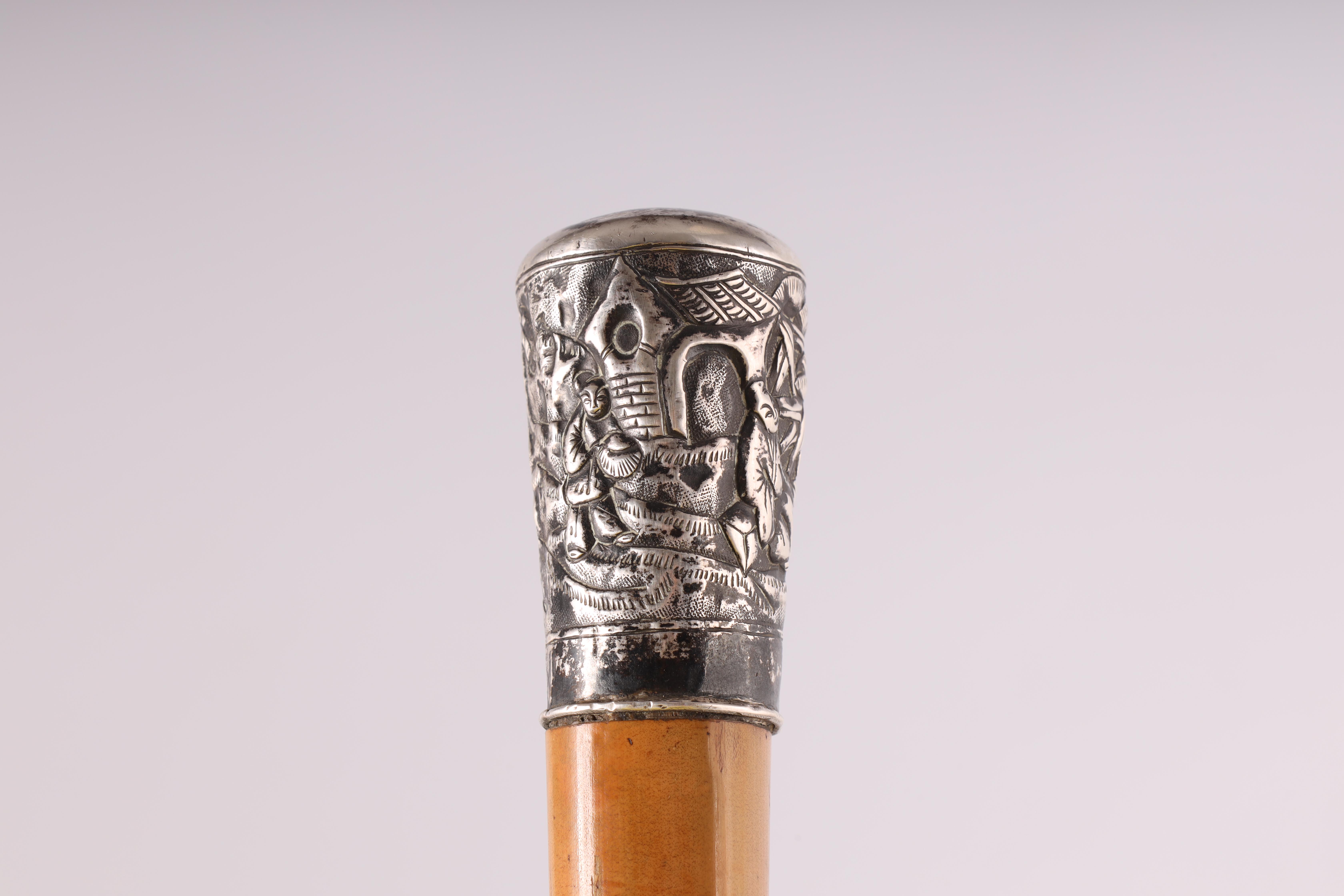 A LATE 19TH CENTURY CHINESE SILVER TOPPED SWORD STICK the silver pommel decorated with characters in - Image 3 of 8