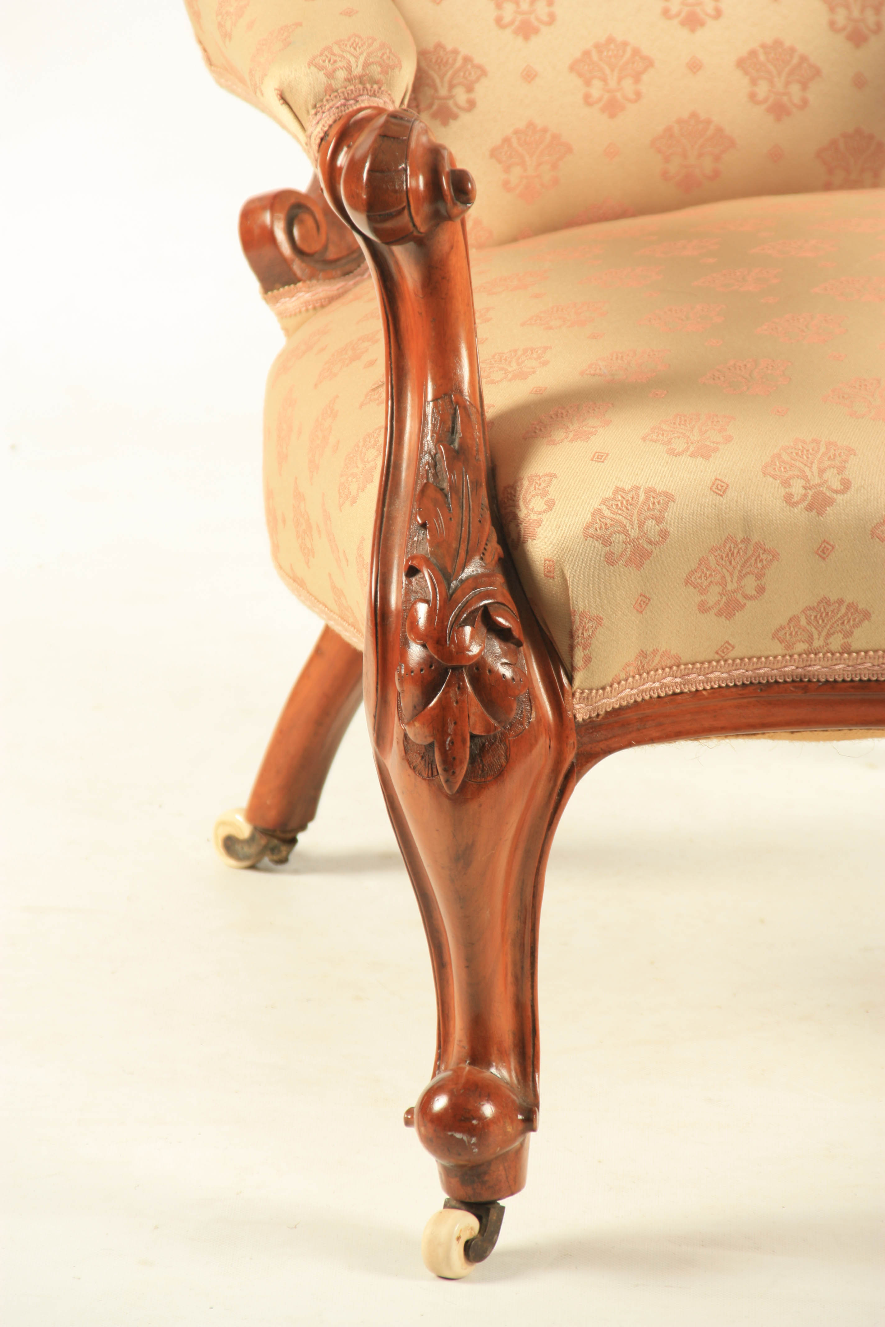 A MID 19TH CENTURY WALNUT UPHOLSTERED DRAWING ROOM CHAIR with shaped button back, joined by open - Image 3 of 8