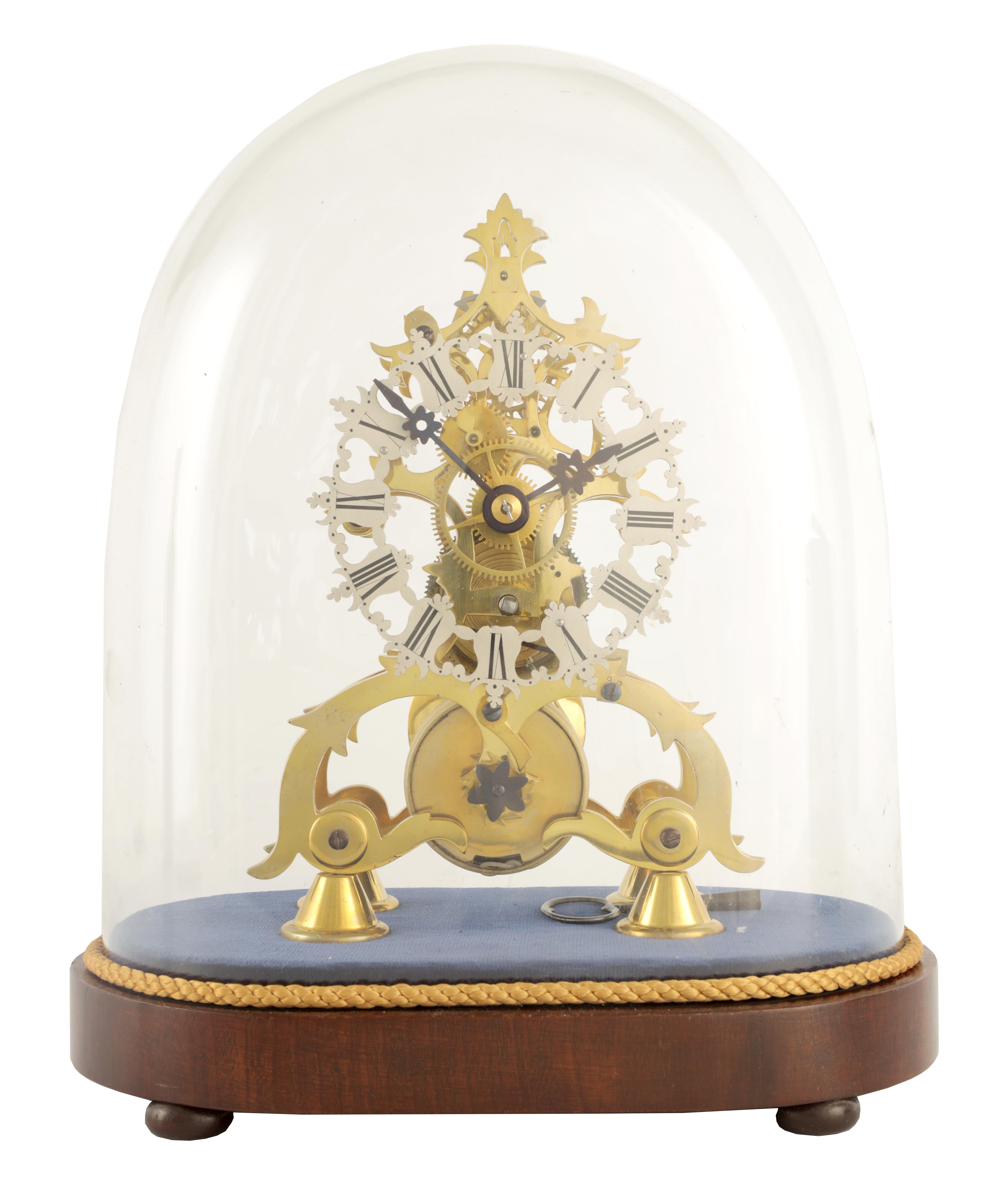 A 19TH CENTURY 8-DAY FUSEE TIMEPIECE SKELETON CLOCK with pierced silvered chapter ring fronting a