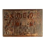 A 19TH CENTURY CARVED HARDWOOD AFRICAN BENIN TYPE PANEL depicting figures in ceremonial dress 48cm