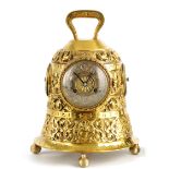 A LATE 19TH CENTURY FRENCH NOVELTY GOTHIC BRASS MANTEL CLOCK COMPENDIUM formed as a church bell with