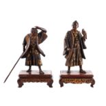 A FINE QUALITY PAIR OF JAPANESE MEIJI PERIOD PATINATED BRONZE AND GILT SCULPTURES BY MIYAO