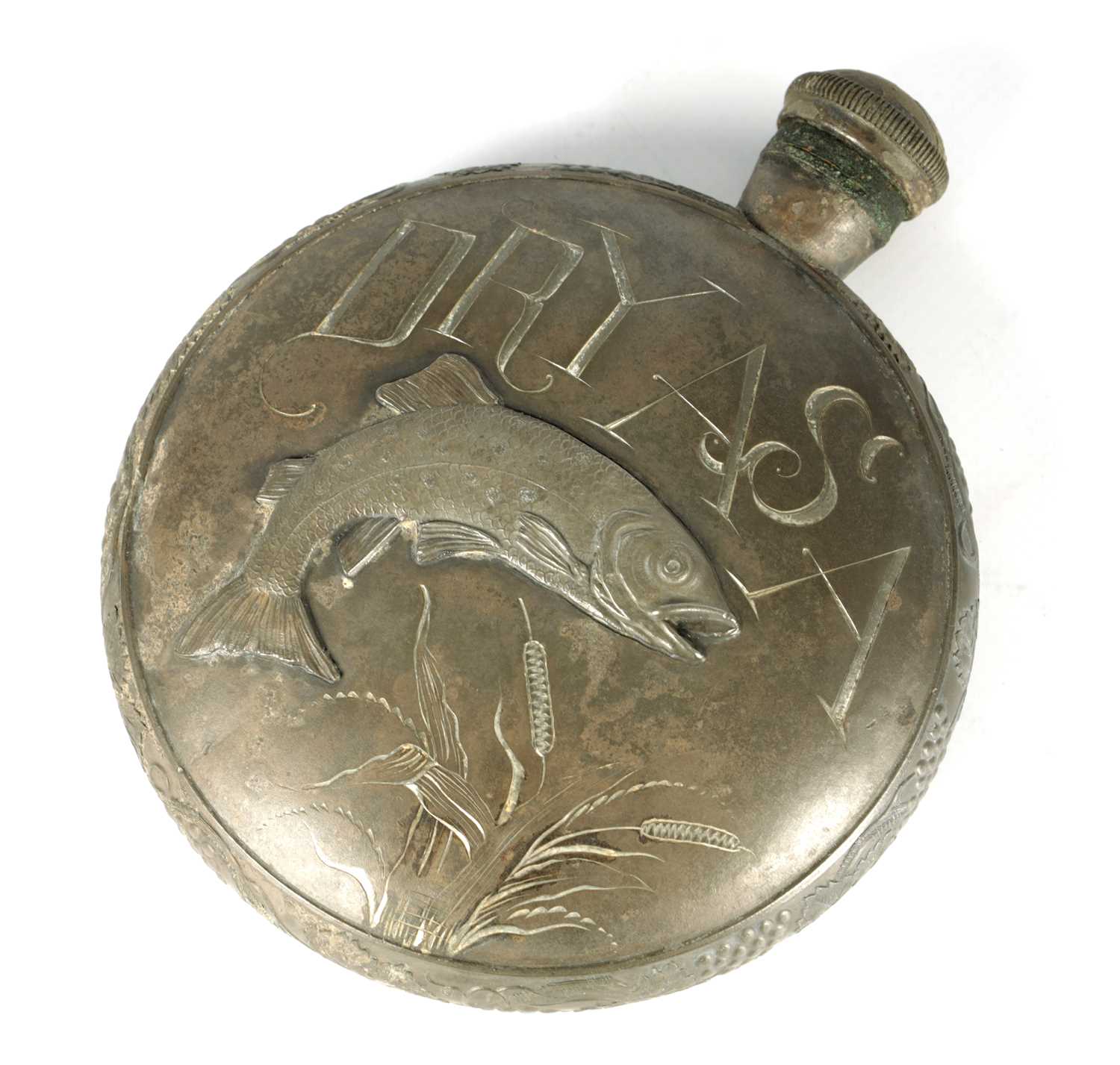 A LATE 19TH CENTURY NOVELTY PEWTER HIP FLASK OF FISHING INTEREST