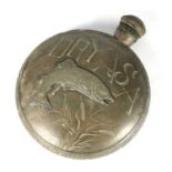 A LATE 19TH CENTURY NOVELTY PEWTER HIP FLASK OF FISHING INTEREST