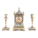 A GOOD LATE 19TH CENTURY FRENCH CAST BRASS AND CHAMPLEVE ENAMEL THREE PIECE MANTEL CLOCK GARNITURE S