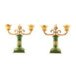 A PAIR OF 19TH CENTURY FRENCH NAPOLEON PORCELAIN AND ORMOLU MOUNTED TWO BRANCH CANDELABRA