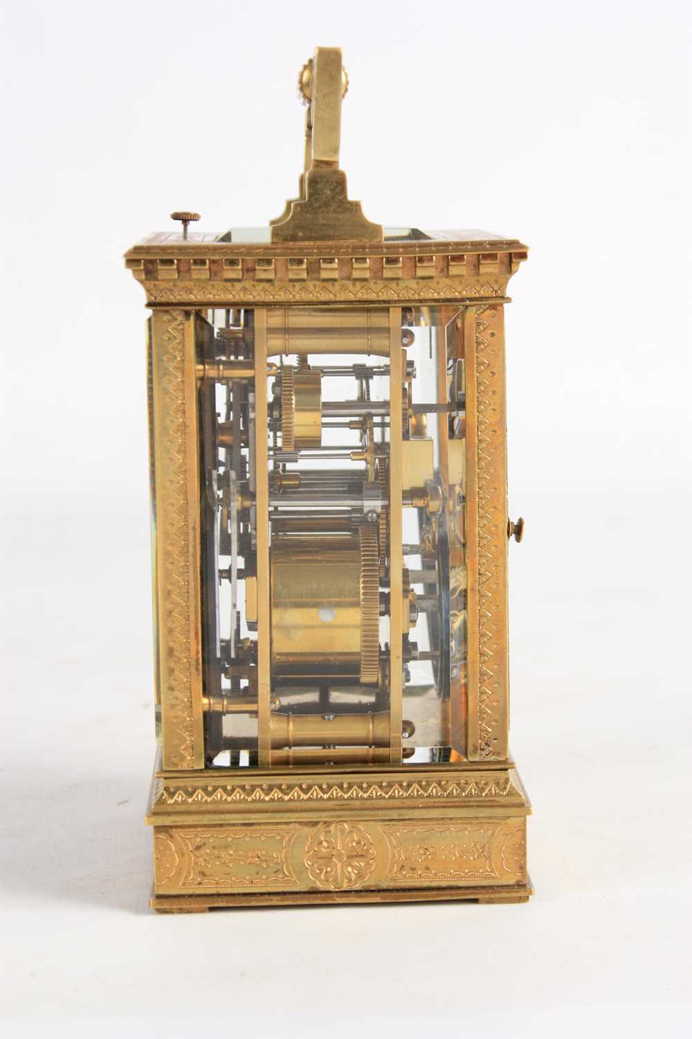 A LATE 19TH CENTURY FRENCH ENGRAVED BRASS REPEATING CARRAIGE CLOCK WITH ALARM - Image 8 of 10