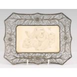 A JAPANESE MEIJI PERIOD IVORY AND FILIGREE WORK SILVER DRESSING TABLE TRAY