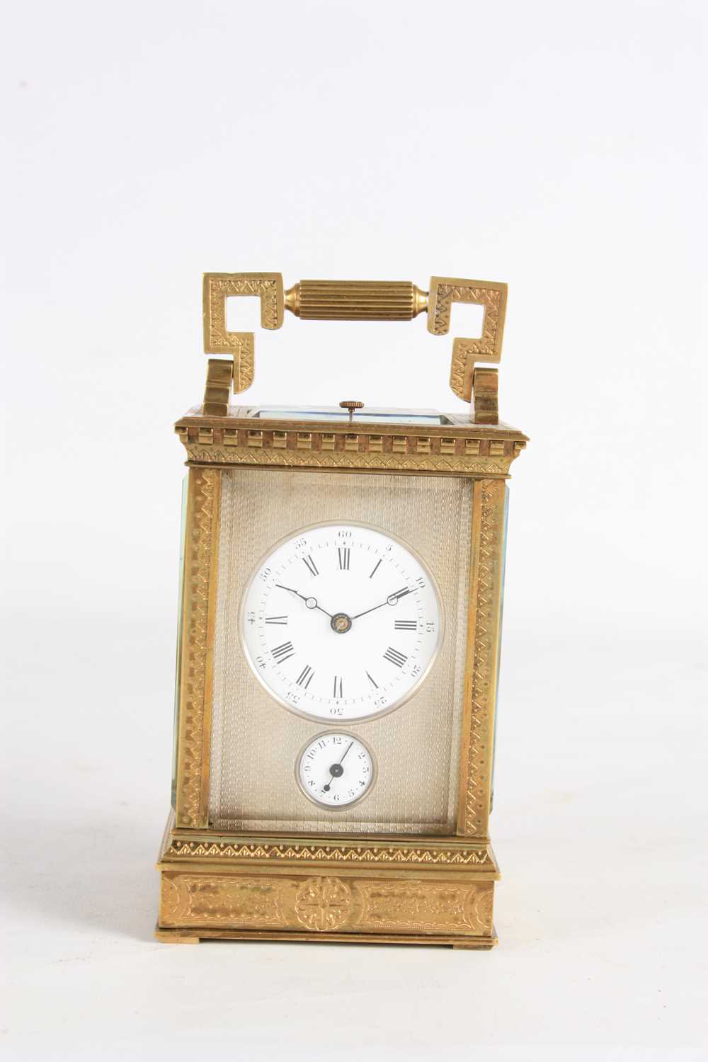 A LATE 19TH CENTURY FRENCH ENGRAVED BRASS REPEATING CARRAIGE CLOCK WITH ALARM - Image 3 of 10