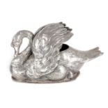 A VICTORIAN ELECTROPLATED SPOON WARMER FORMED AS A SWAN