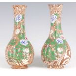 A PAIR OF MEIJI PERIOD JAPANESE MARBLED BISC POTTERY NERIAGE NERIKOMI BANKO VASES