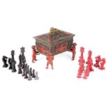 A LATE 19TH CENTURY ENGLISH PAINTED LEAD CHESS SET IN THE ORIGINAL LEAD CASKET