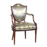 A LATE 18TH CENTURY HEPPLEWHITE UPHOLSTERED SIMULATED ROSEWOOD OPEN ARMCHAIR