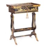 A REGENCY CHINOISERIE DECORATED LACQUERED WORK BOX