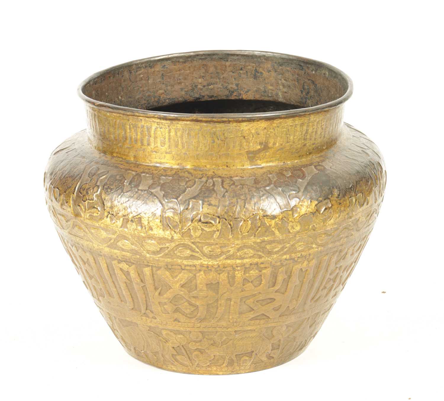 A 19TH CENTURY EMBOSSED GILT BRASS INDIAN JARDINIERE