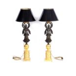 A FINE PAIR OF EMPIRE GILT AND PATINATED BRONZE FIGURAL CANDELABRA CONVERTED TO LAMPS