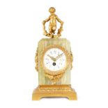 A LATE 19TH CENTURY FRENCH GREEN ONYX AND ORMOLU SMALL MANTEL CLOCK