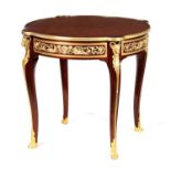 A FINE EARLY 20TH CENTURY FRENCH CIRCULAR ORMOLU MOUNTED MAHOGANY AND ROSEWOOD PARQUETRY INLAID CENT