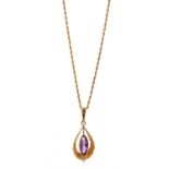 A LADIES 9CT GOLD AND AMETHYST PENDANT ON 9CT GOLD CHAIN