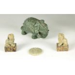 A 20TH CENTURY LARGE CARVED SPINACH GREEN JADE ELEPHANT