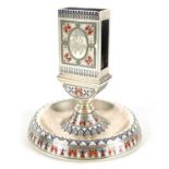 AN LATE 19TH CENTURY RUSSIAN SILVER AND COLOURED ENAMEL INLAID MATCHBOX HOLDER