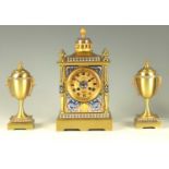 A LATE 19TH CENTURY FRENCH CHAMPLEVE ENAMEL GILT BRASS CLOCK GARNITURE SET