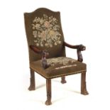 AN UNUSUAL 19TH CENTURY GOTHIC STYLE OAK TAPESTRY UPHOLSTERED ARMCHAIR