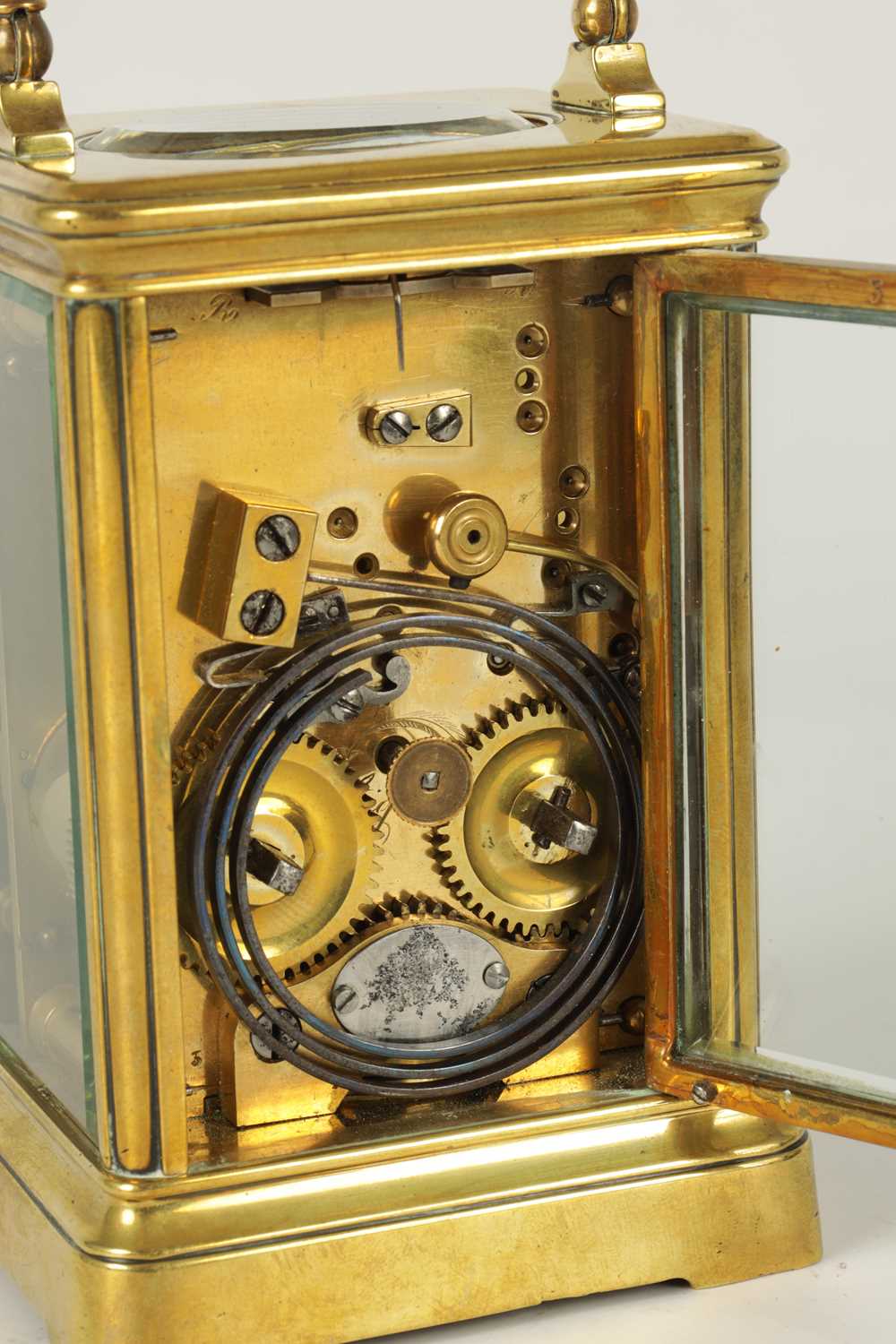 LE ROY & FILS, FRANCE A RARE LATE 19TH CENTURY BRASS CASED BOTTOM WIND STRIKING CARRIAGE CLOCK - Image 4 of 6