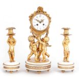 A LATE 19TH CENTURY FRENCH GILT METAL FIGURAL CLOCK GARNITURE