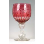 A LARGE LATE 19TH CENTURY RUBY GLASS PRESENTATION GOBLET INSCRIBED JAMES MILLINGTON BY WEBB