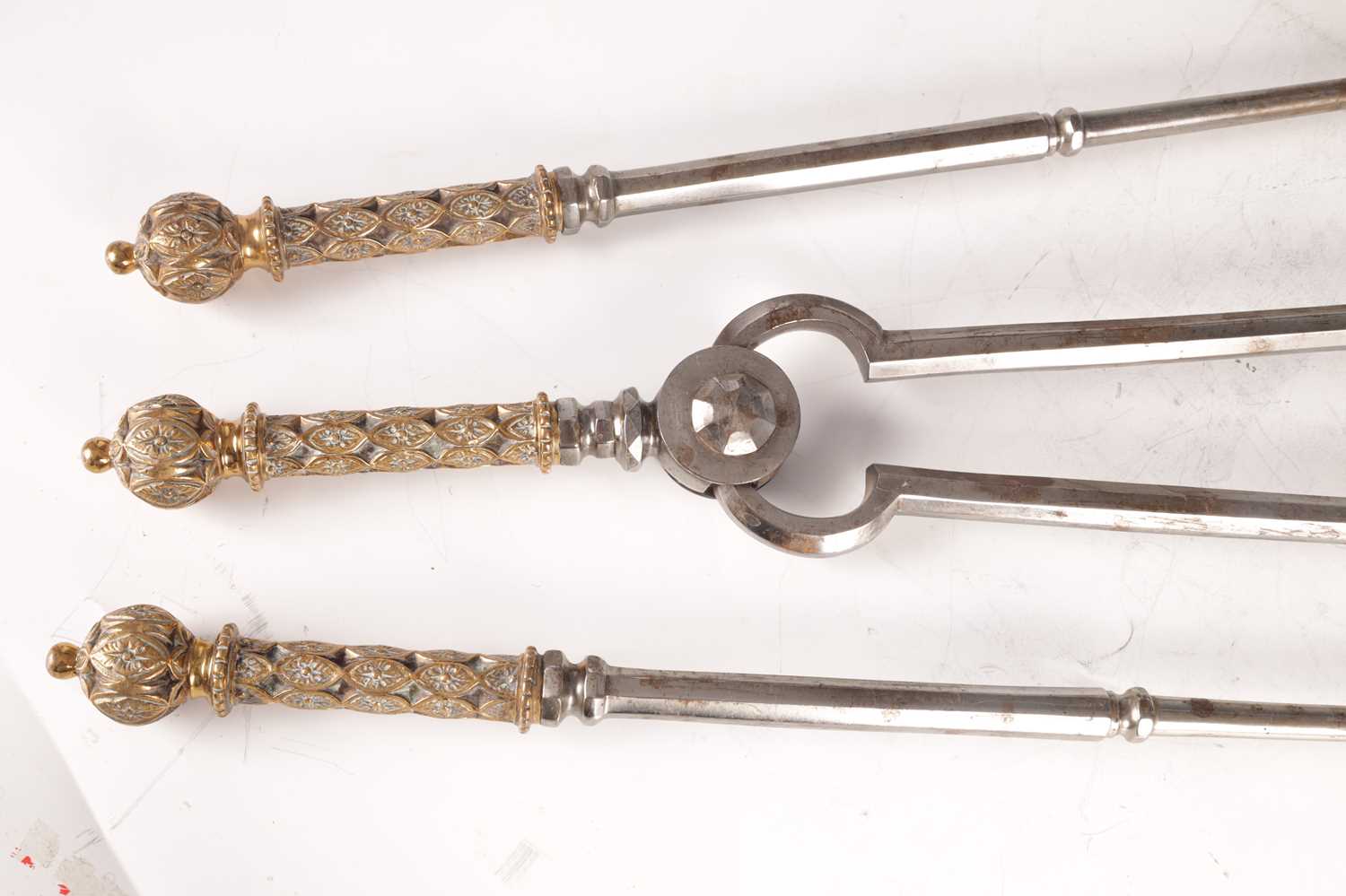 A SET OF THREE REGENCY BRONZE AND POLISHED STEEL FIRE IRONS - Image 3 of 7