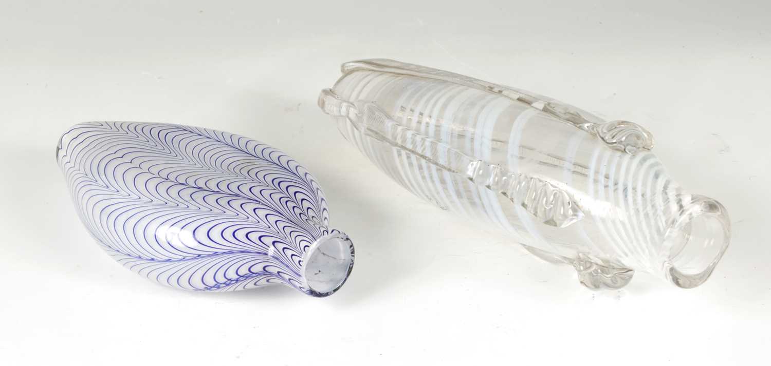 A 19TH CENTURY NAILSEA TYPE BLUE STRIPED MILK GLASS FLASK