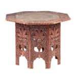 A FINELY CARVED AND PIERCED OCTAGONAL INDIAN HARDWOOD TABLE