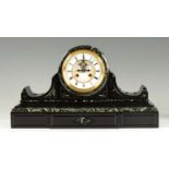 A LATE 19TH CENTURY FRENCH VERDI ANTICO ND BLACK MARBLE MANTEL CLOCK