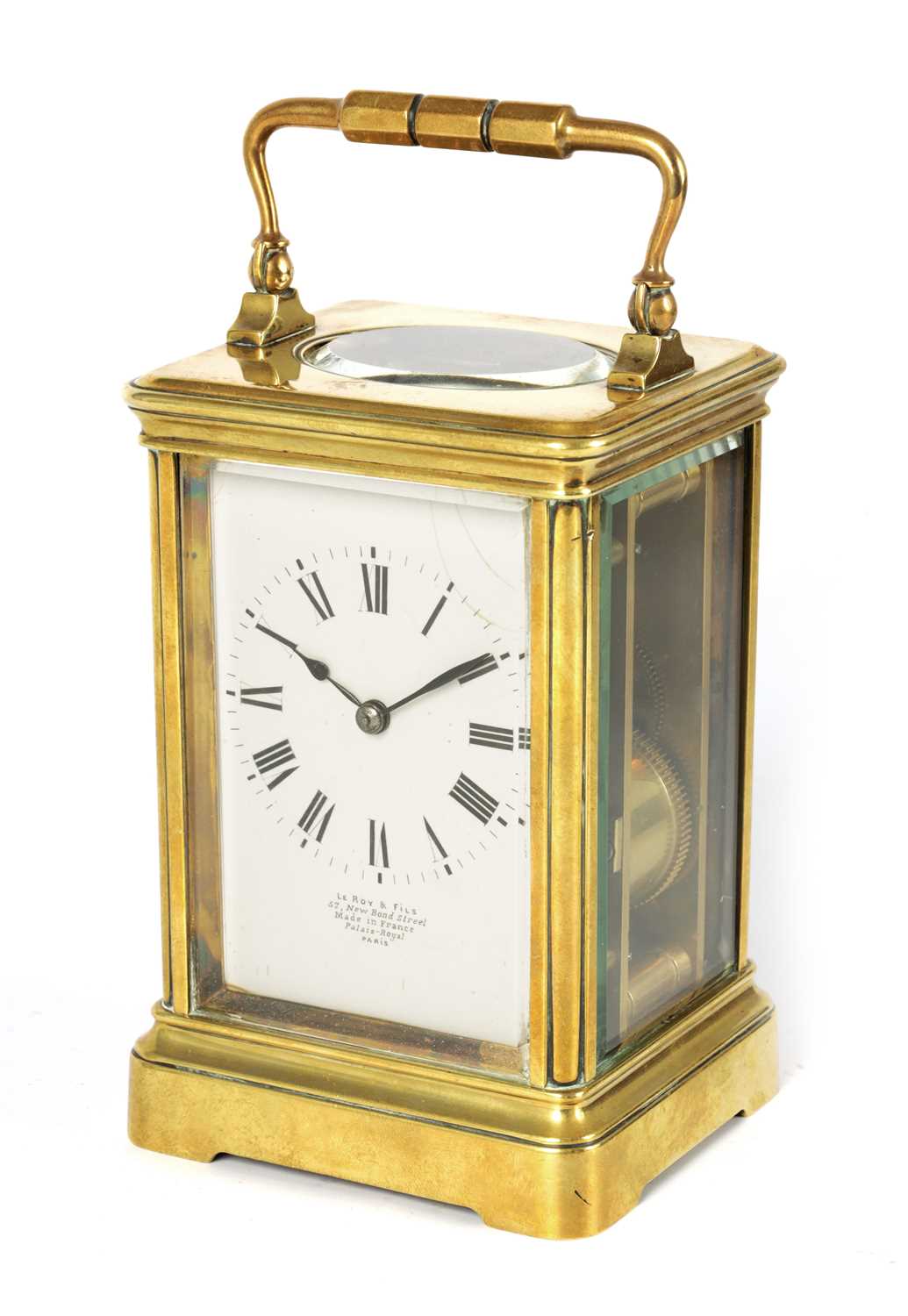 LE ROY & FILS, FRANCE A RARE LATE 19TH CENTURY BRASS CASED BOTTOM WIND STRIKING CARRIAGE CLOCK