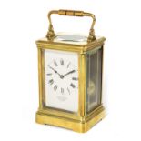 LE ROY & FILS, FRANCE A RARE LATE 19TH CENTURY BRASS CASED BOTTOM WIND STRIKING CARRIAGE CLOCK