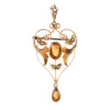 A LADIES ART NOUVEAU 9CT GOLD CITRINE AND PEARL PENDANT