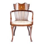 A STYLISH LATE 19TH CENTURY ART NOUVEAU BONE STRUNG MAHOGANY OPEN ARMCHAIR