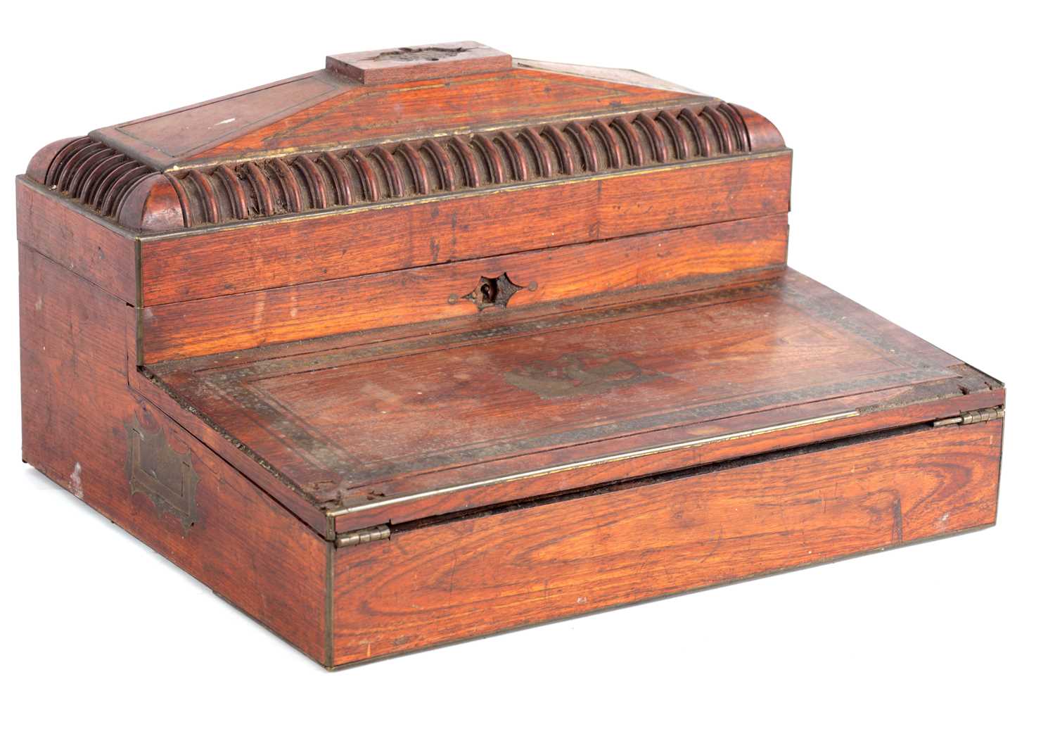 A LATE REGENCY ROSEWOOD AND BRASS INLAID WRITING BOX