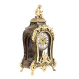 A 19TH CENTURY FRENCH GREEN TORTOISESHELL AND BRASS INLAID BOULLE MANTEL CLOCK