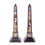 A PAIR OF 20TH CENTURY BLACK SLATE AND PIETRA DURA INLAID OBELISKS