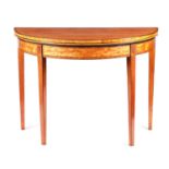 A FINE GEORGE III SHERATON FIGURED SATINWOOD AND KINGWOOD CROSS-BANDED DEMI LUNE CARD TABLE