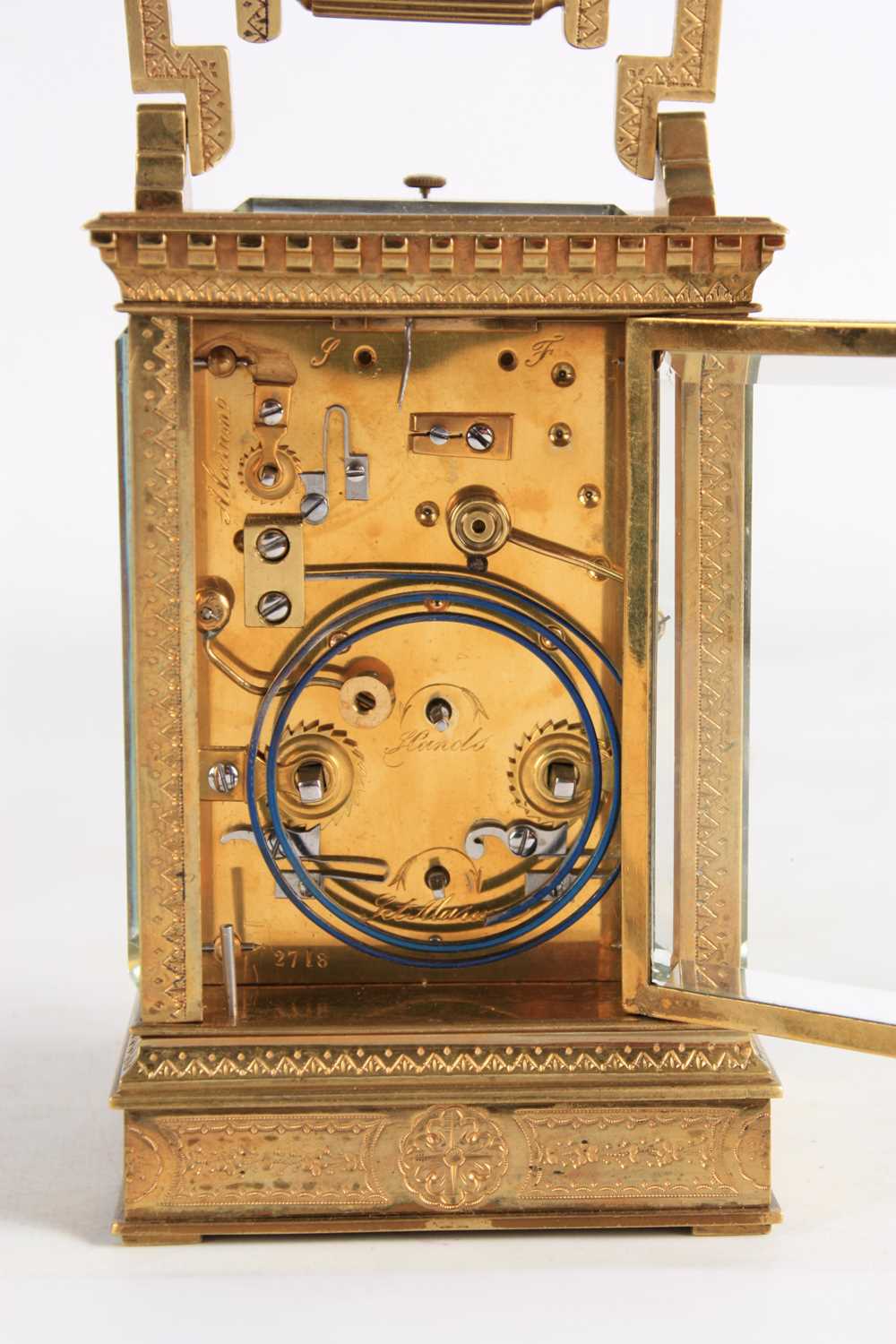 A LATE 19TH CENTURY FRENCH ENGRAVED BRASS REPEATING CARRAIGE CLOCK WITH ALARM - Image 7 of 10