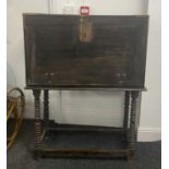 A 17TH CENTURY SPANISH IRON MOUNTED FRUITWOOD COLLECTORS CABINET ON STAND