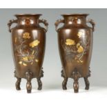A FINE PAIR OF MEIJI PERIOD BRONZE AND MIXED METAL COCKEREL VASES